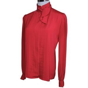 VINTAGE High Neck Blouse Top 6 Pin Tucks Tie Red Dressy‎ Career Office Holiday